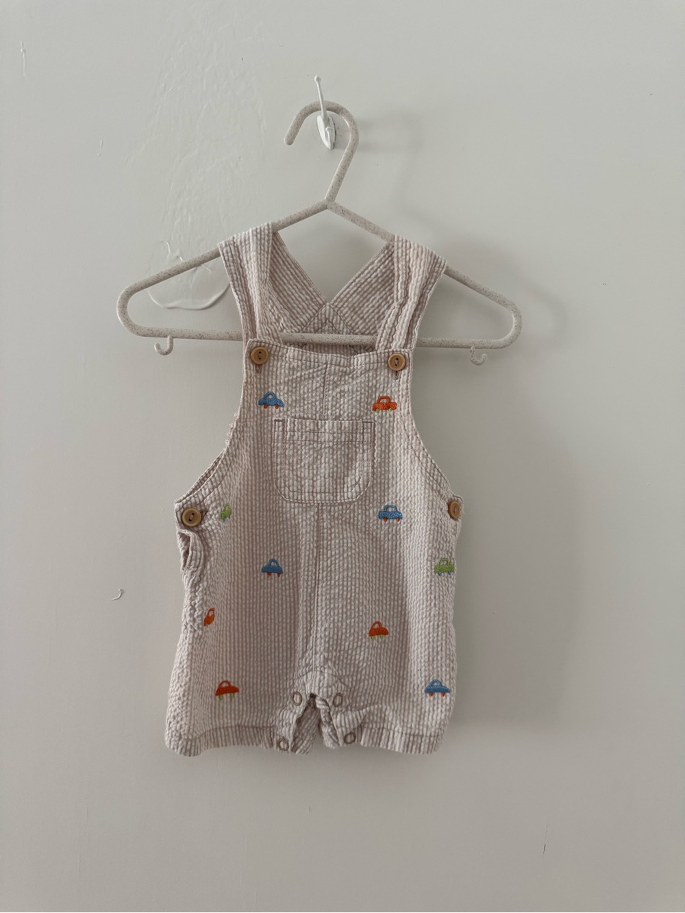 Nursery Rhyme Beige seersucker Overalls with Blue, Orange & Green cars